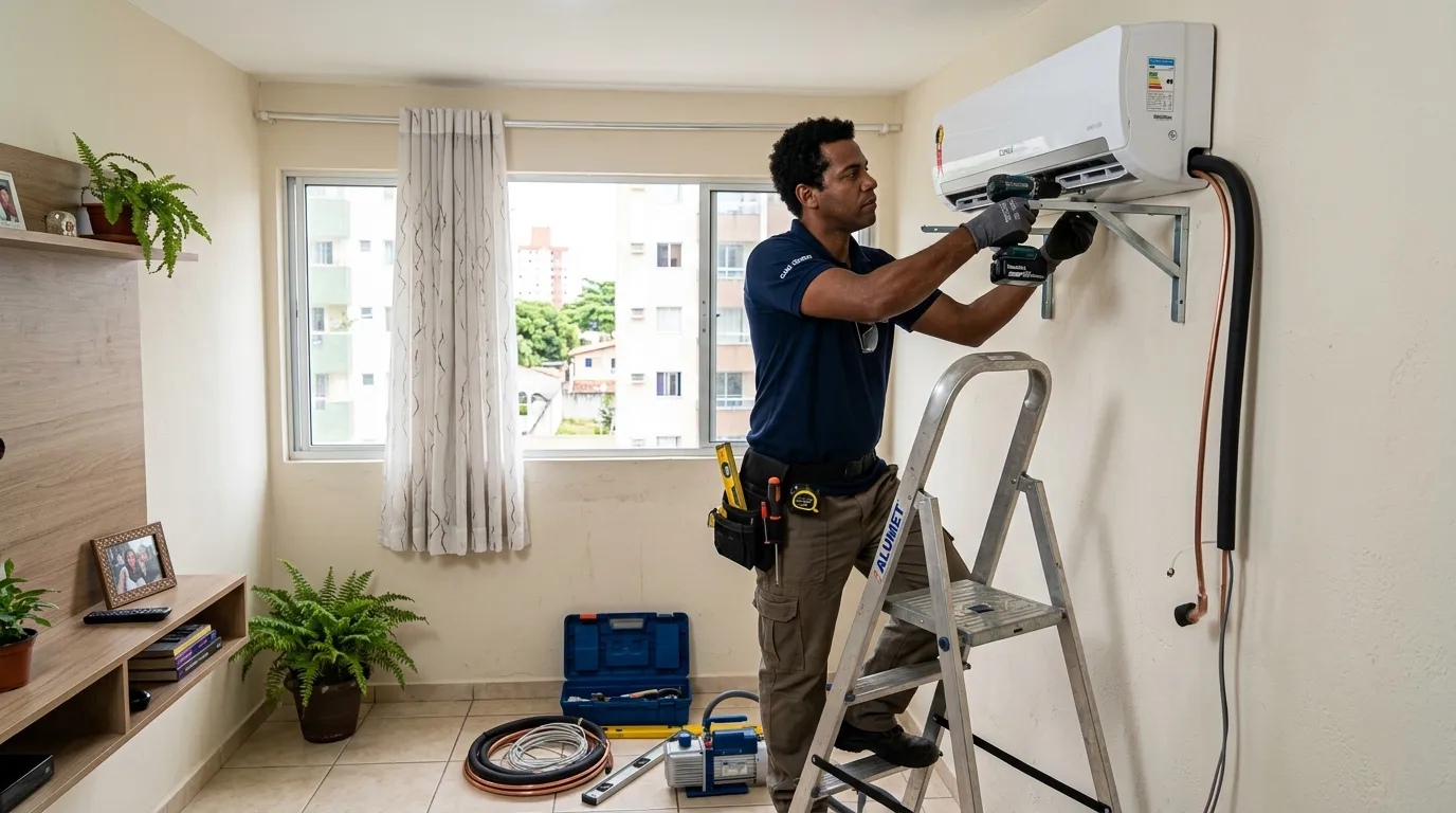 Técnico instalando ar condicionado em residência em Praia Grande-SP em Praia Grande-SP